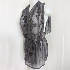 GOLD HAWK NWT Grey Beaded Silk Floral Deco Vest / Wrap Top; Size M